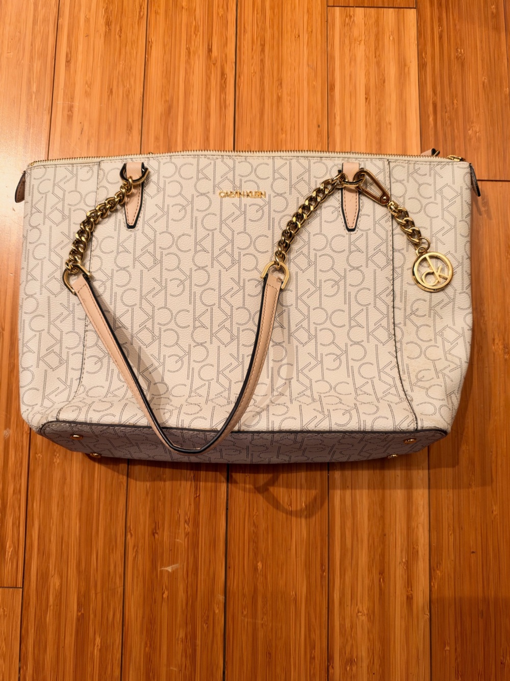 Calvin Klein Cream Logo Chain-Handle Tote with Gold Hardware